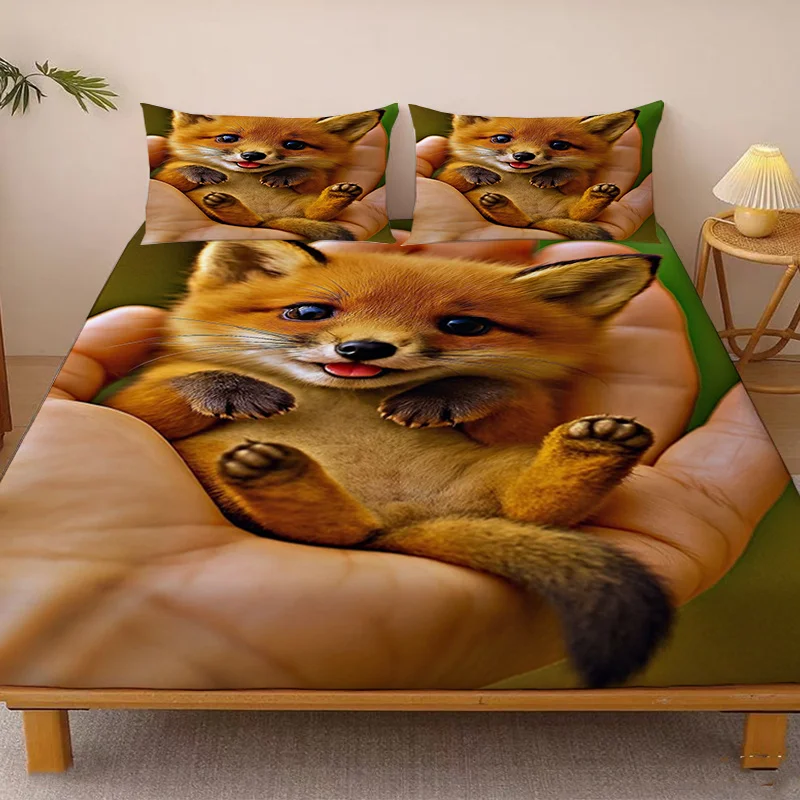 Cute Little Fox Set, Breathable and Comfortable Mattress Protector, Breathable Polyester Material (Includes 1 Fitted Sheet + 2 Pillowcases), Fitted Sheet Style, Protective Cover, Mattress Protector, Fitted Sheet Style, Protective Cover, Mattress Protector, Fitted Sheet Bedding, Christmas Themed Bedding
