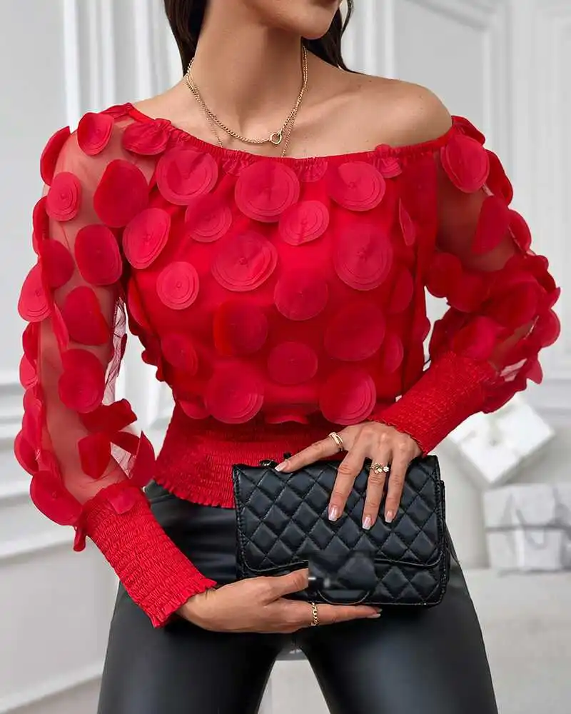 

Bla Me One-oulder Bubble Sve Top with 3D Flower Design Ele Chinese Sle Women's Summer Faion Top