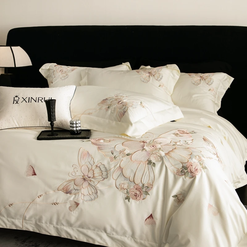 Chic Butterfly Flowers Embroidery Luxury Bedding Set 800TC Egyptian Cotton Duvet Cover Set Bed Sheet Pillowcases Home Textiles