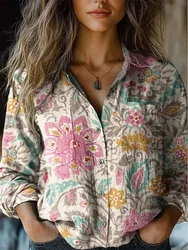 2025 Spring And Autumn New Bohemian Style Women's Casual Shirt Fashion Floral Print Lapel Long Sleeve Loose And Versatile Top