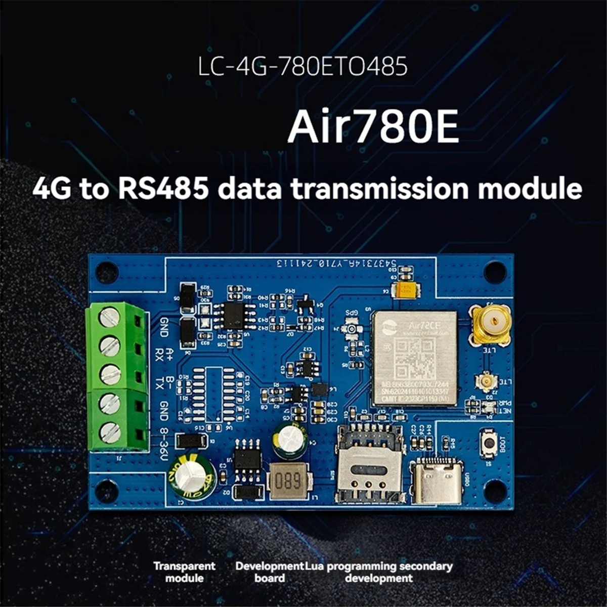 وحدة نقل البيانات ABJZ Air780E 4G إلى RS485 تدعم وحدة DTU في تطوير البرامج الثابتة وتطوير LUATOS