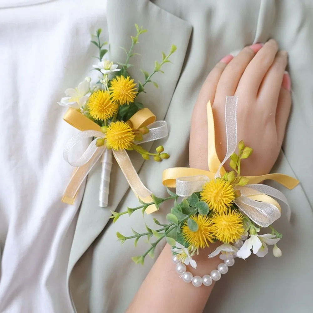 Exquisite Artificial Flower Golden Billy Buttons Groom Boutonniere Bride Wrist Corsage Wedding Banquet Party Decoration