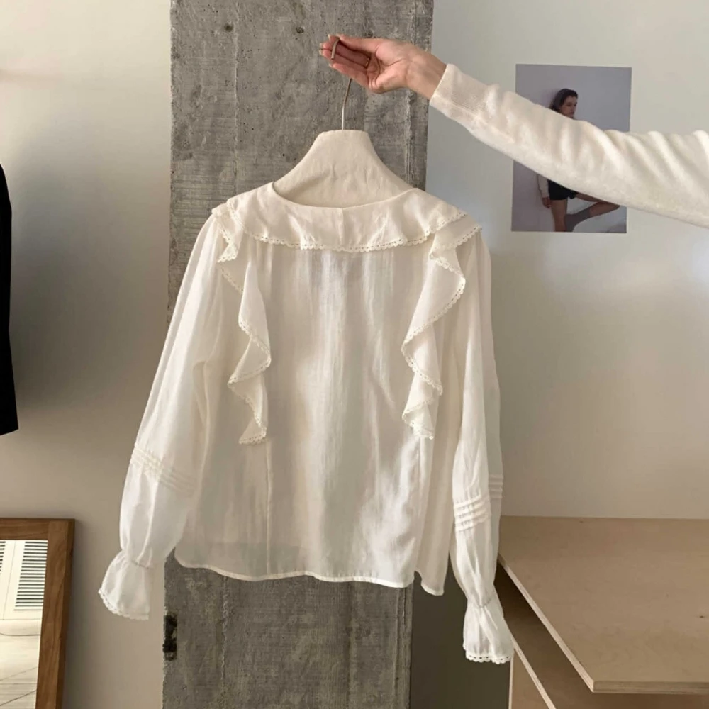 แฟชั่นหวาน Tencel เสื้อผู้หญิงเกาหลีฤดูใบไม้ผลิฤดูร้อน Ruffled เสื้อ V คอยาวแขนยาว Beige เสื้อ