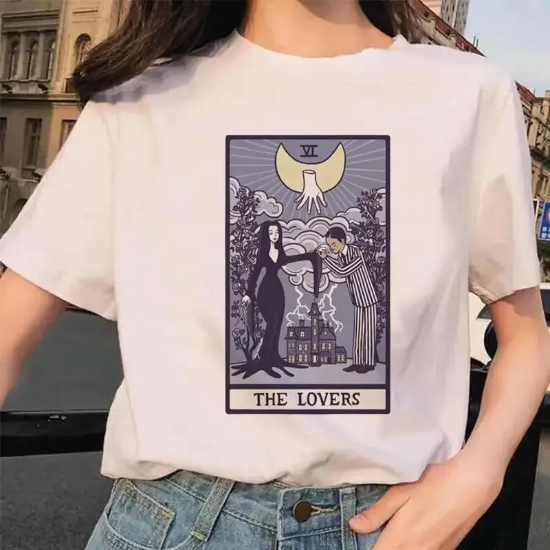 T-shirt manches courtes col rond femme, décontracté, à la mode, avec carte de tarot, fleur, temps drôle, imprimé graphique