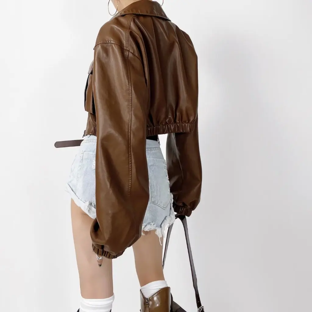 レディース アメリカンスタイル フライトジャケット PUレザー ショートジッパー ラペルコート 立体的な大きなポケット付き トレンディトップ