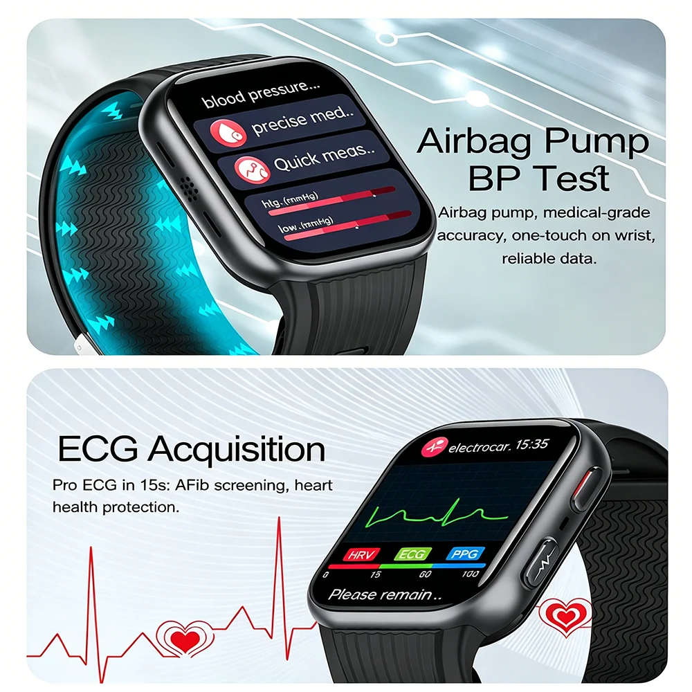 Pump+Airbag Accurate Blood Pressure+ECG Smart Watch HR SpO2 Sleep SOS Alert Health Smartwatch Bluetooth Call Sports Wristwatch