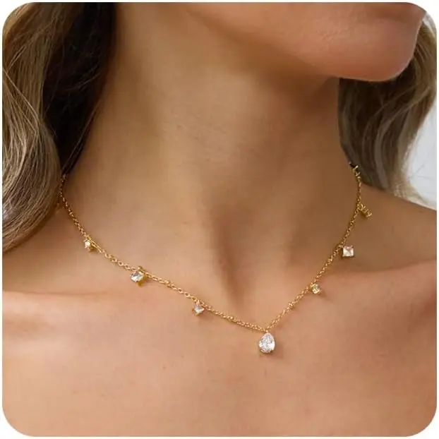 

Gold Plated CZ Teardrop Choker Necklace for Women Wedding Bridesmaid Gift