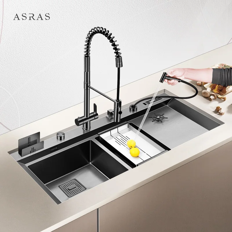 Black Nano Rectangular Handmade Sink With Cup Washer With Drain And Kitchen Faucet-12050NT-2