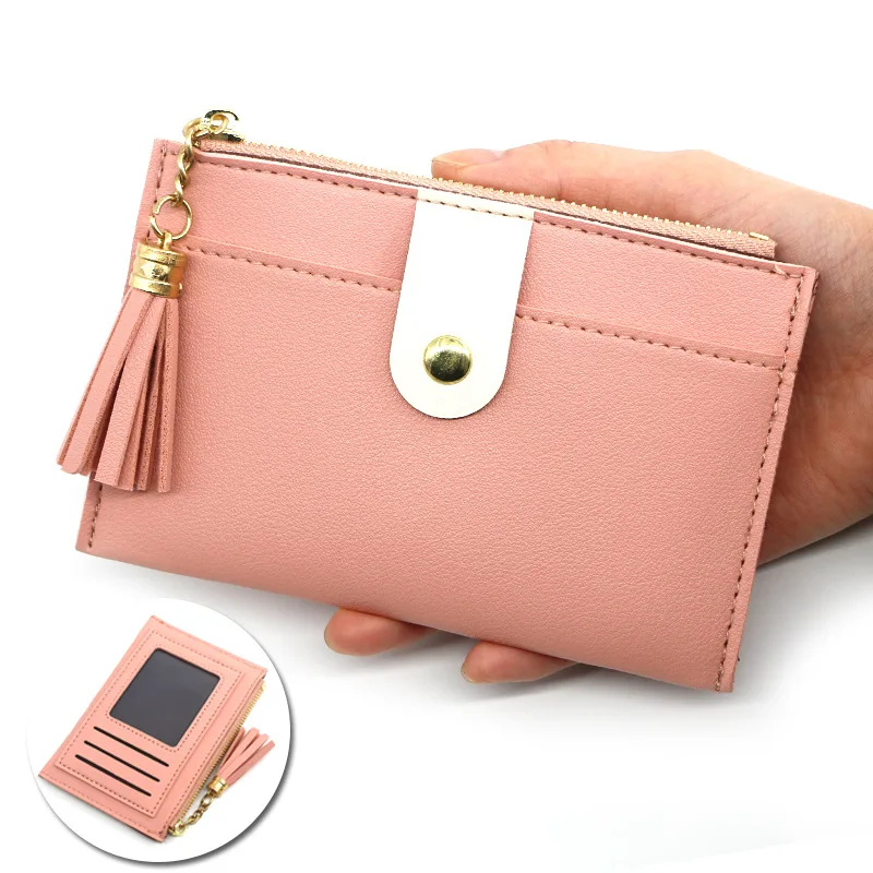 Korean Version Multi-compartment Ladies Card Holder PU Leather Contrast Tassel Mini Purse with Snap Female Fresh Wallets