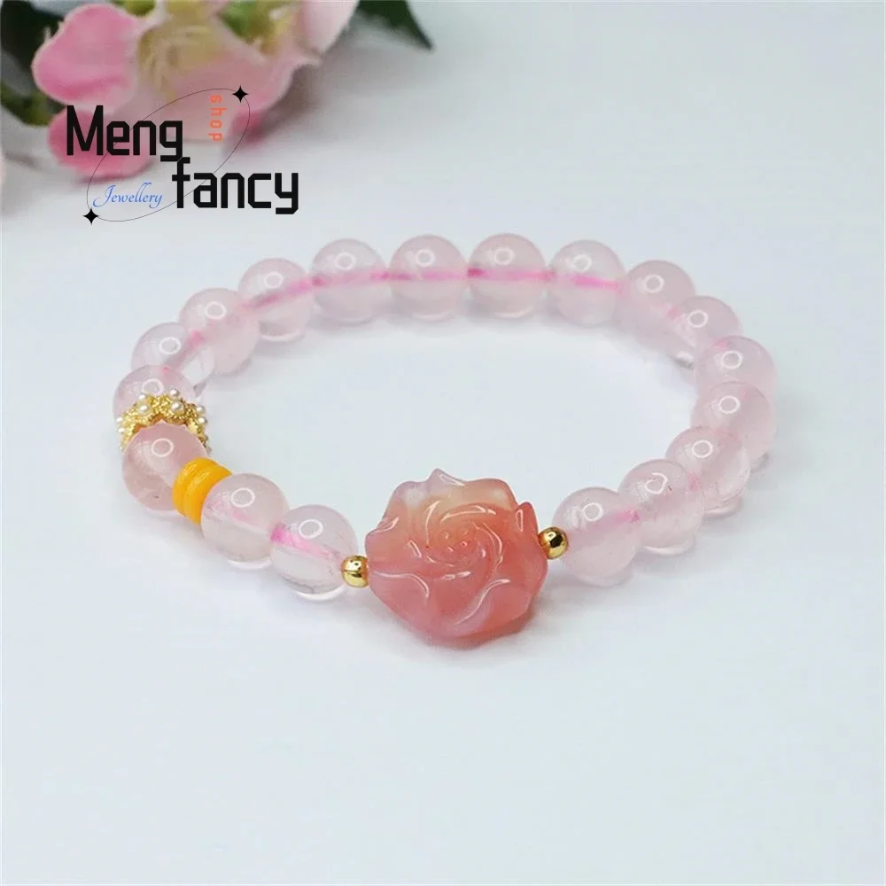 

Natural Pink Crystal Bracelet Salt Source Agate Flower String Colorful Treasure Simple Elegant High-grade Luxury Fashion Jewelry