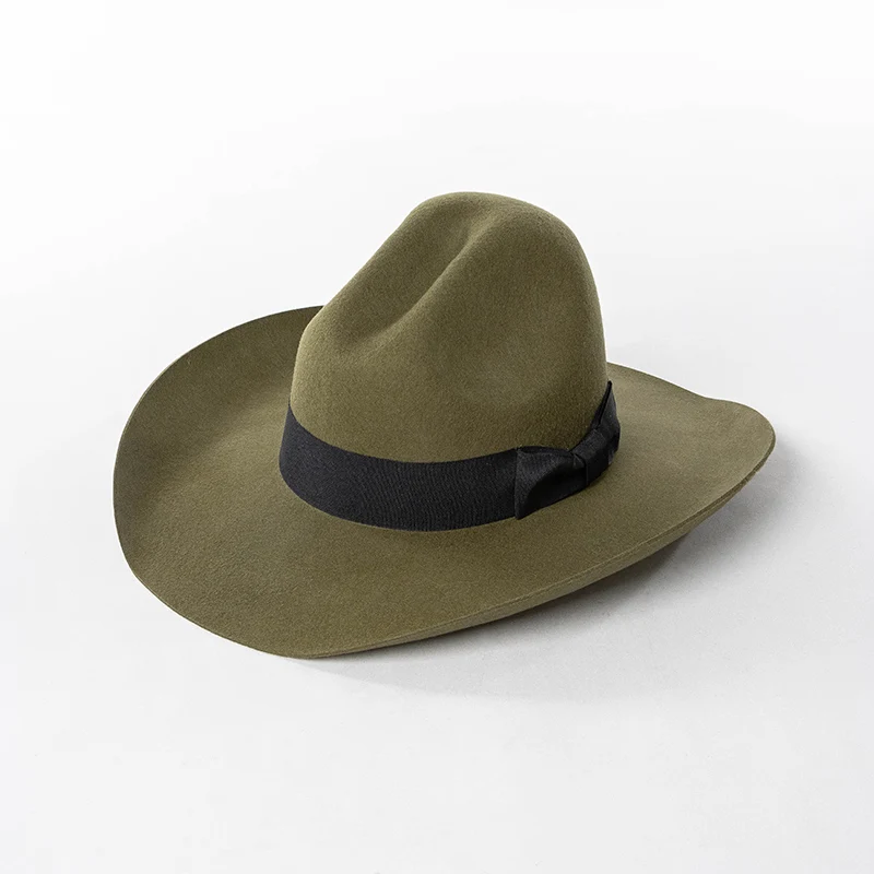 100% Wool Felt Cowboy Hat with Grosgrain Ribbon Bowknot Wide Brim Wool Felt Hat