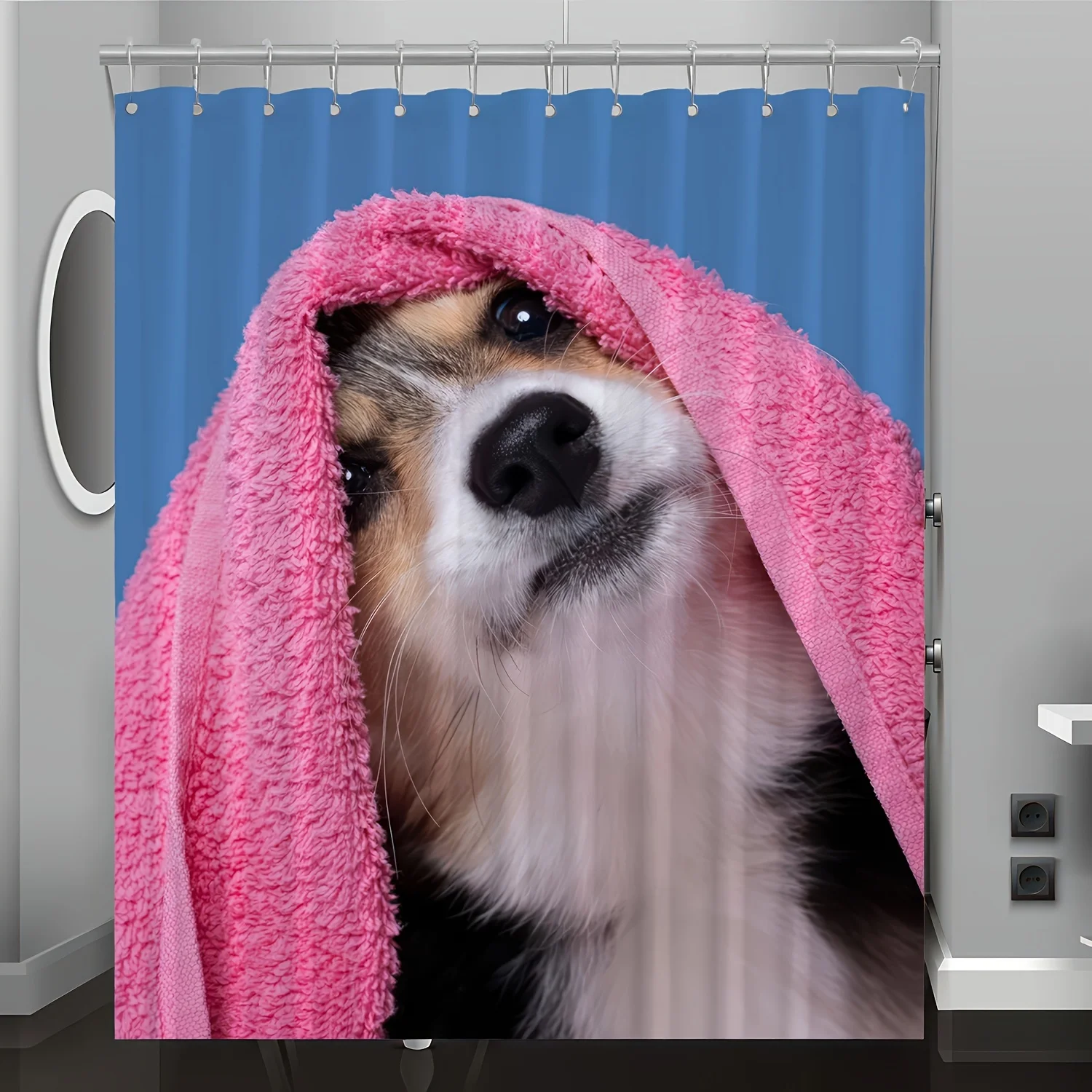 

1pc Adorable Puppy Print Shower Curtain with Hooks - Washable Polyester, Blue with Pink Hoodie Dog Design, Perfect for Bathroom