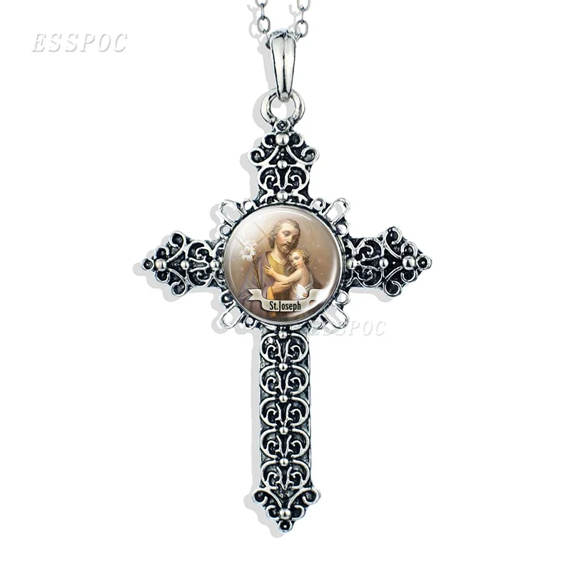 Son of God Jesus Cross Necklace Glass Cabochon Jewelry Angel Christian Virgin Mary Paw Prints Pendant Women Gifts
