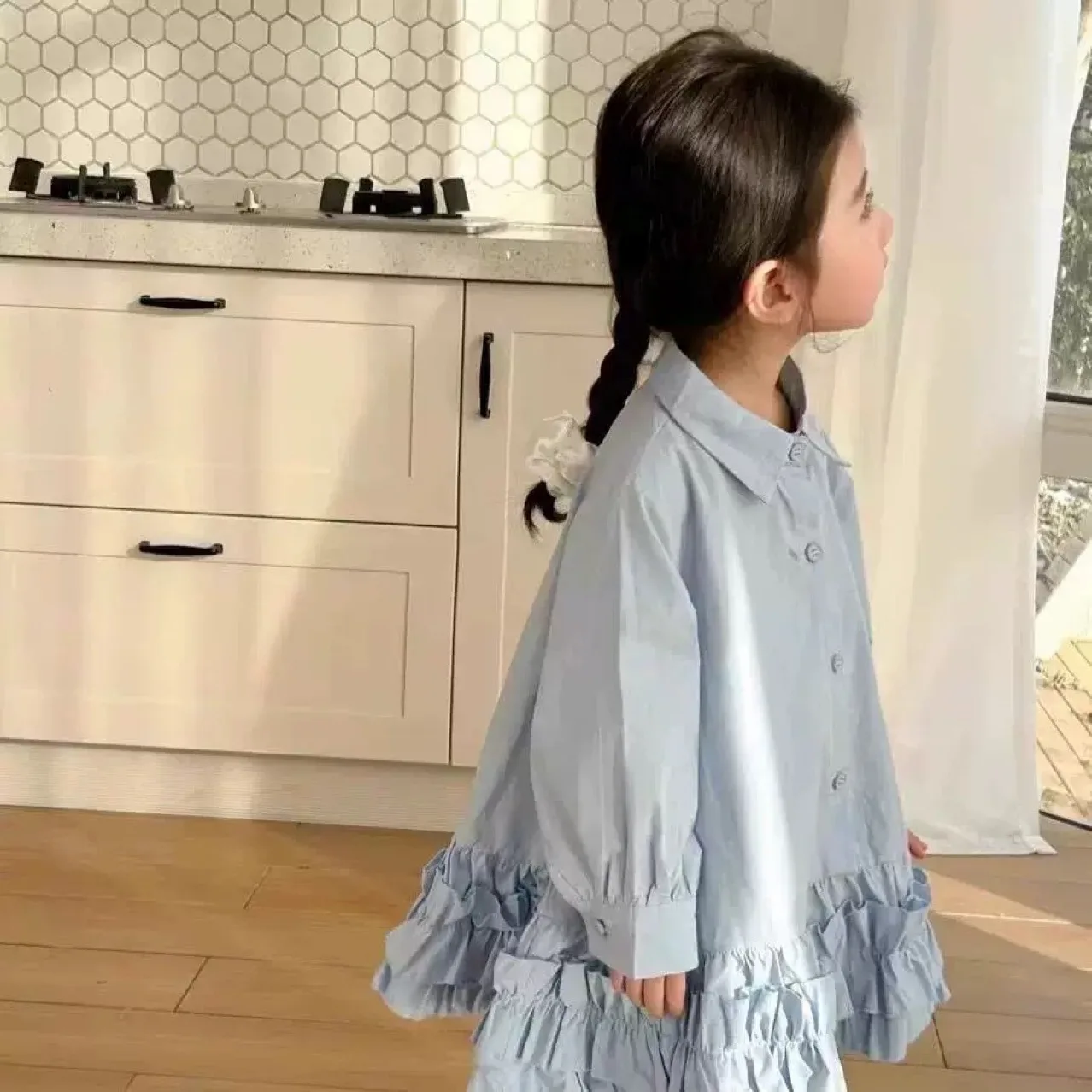Spring Baby and Girls Cotton Plain Stylish Ruffled Single-Breasted Shirt Dresses School Kids Sweet Skirt Children Outfit 1-10 Yr