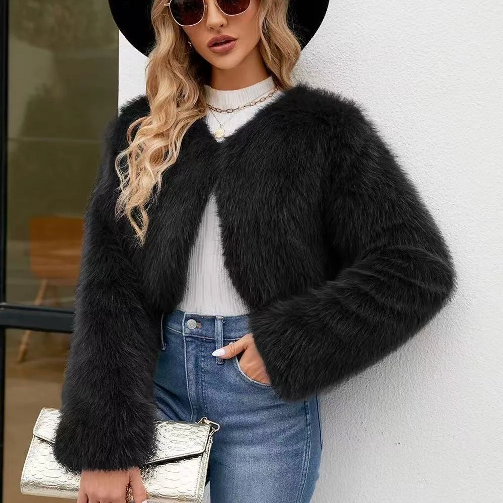 Street Fashion Shawl Collar Faux Fox Fur Coat Women 2024 Winter Cool Girls Black Short Fur Jacket Vintage Chic Overcoat