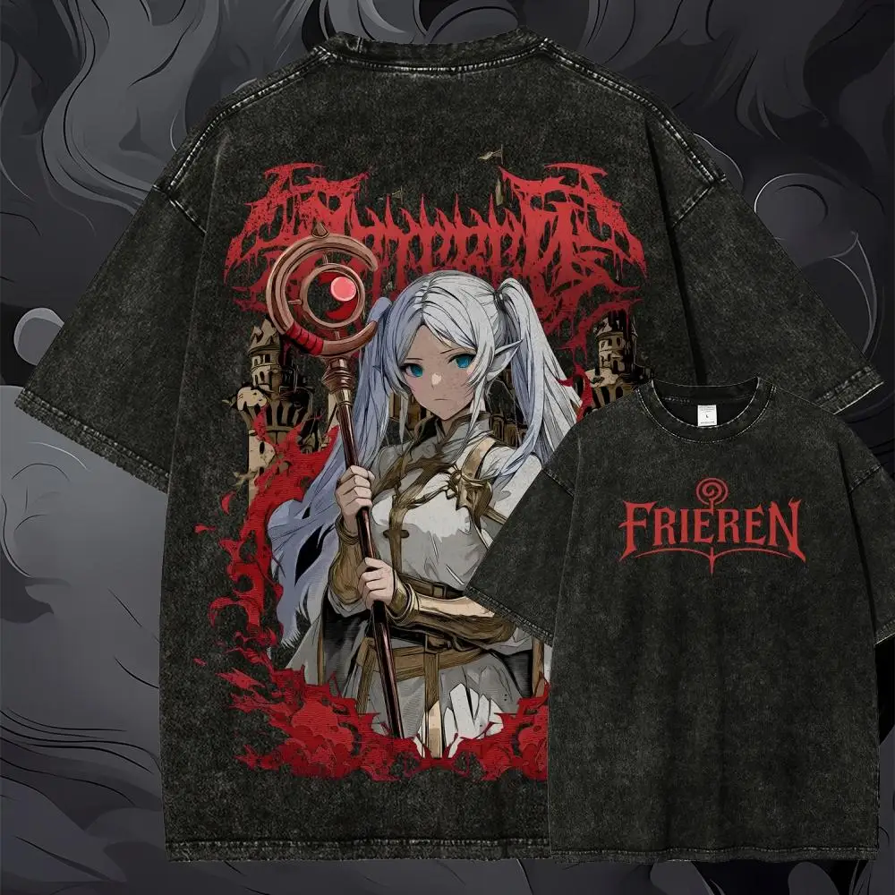 Frieren: Beyond Journey's End Anime T-Shirt Frieren Short Sleeve Vintage Washed Graphic Print Gothic Dark Fantasy Magic Staff