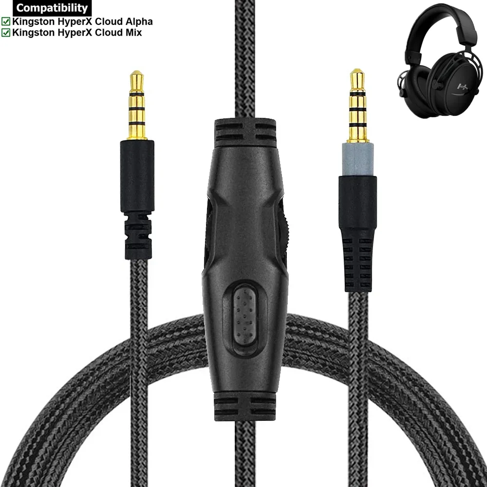 Braided Replacement Cable Extension Cord With Volume Control Mic Mute For Kingston HyperX Cloud Alpha Mix Gaming Headsets