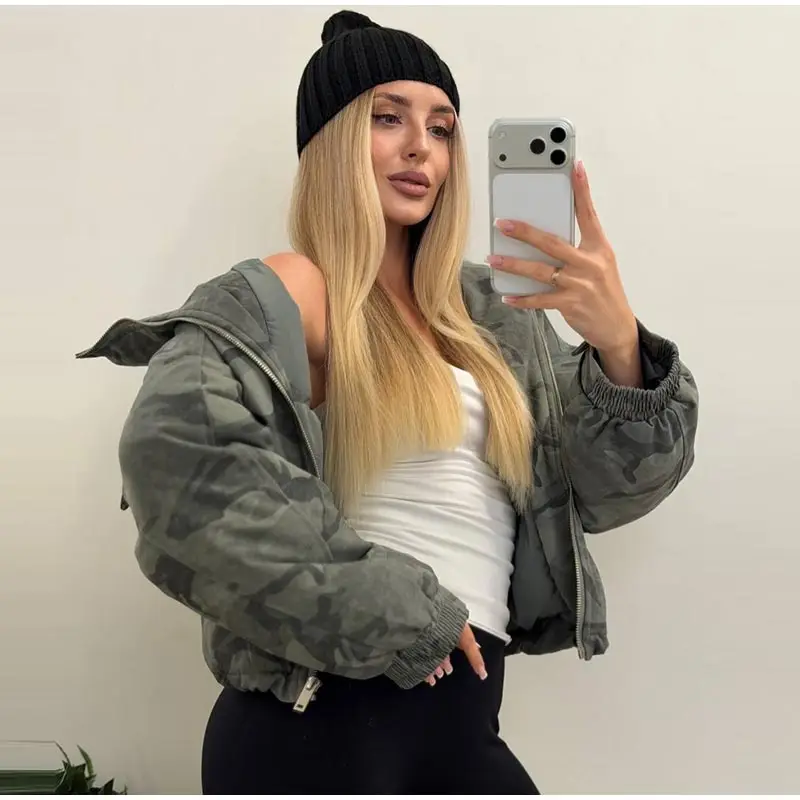 Women Camo Print Hooded Zipper Jacket Elastic Cuff Jacket Cropped Short Length Loose Puffer Winter Warm Winter Street Jackets