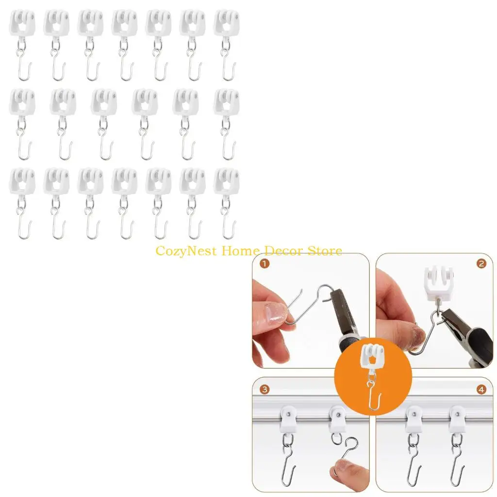 92MF 20Lots Quiet Curtain Track Pulley Hook Small Curtain Hook Ceiling Curtain Track Hook and Plastic Gliders Track Rollers
