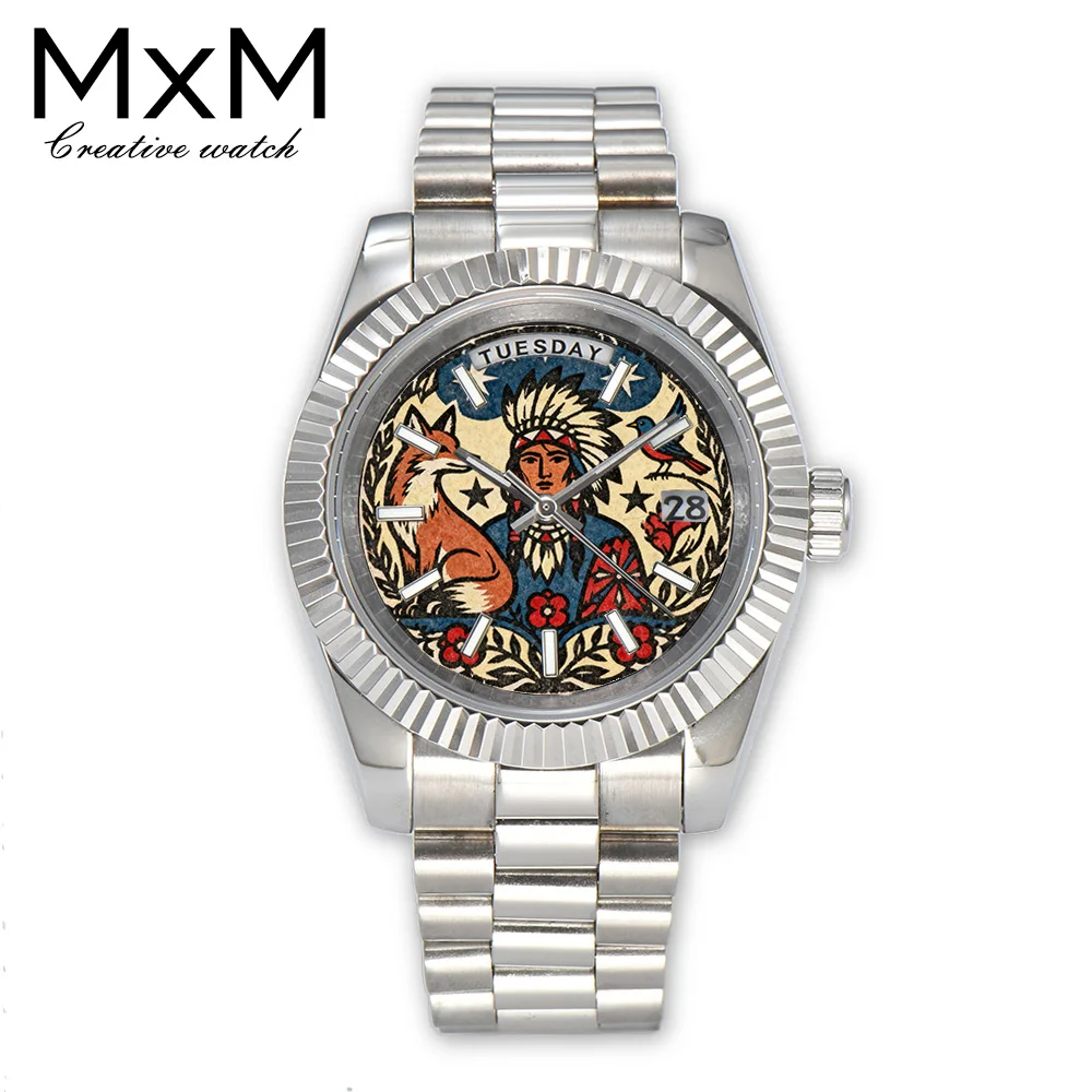 36mm/40mm Creativo personalizzato 8285 orologio Stampa modello a colori Orologio da uomo quadrante Blu luminoso Miyota8285 Movimento orologio fai da te per uomo