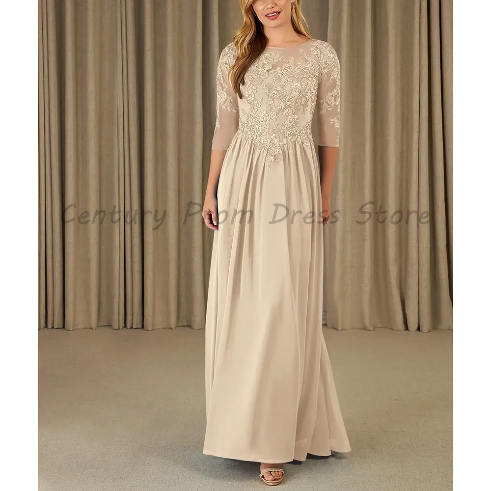

Champagne Chiffon Mother Of The Bride Dress Bateau Neck 3/4 Sleeve Floral Lace A Line Formal Evening Wedding Guest Party Gown