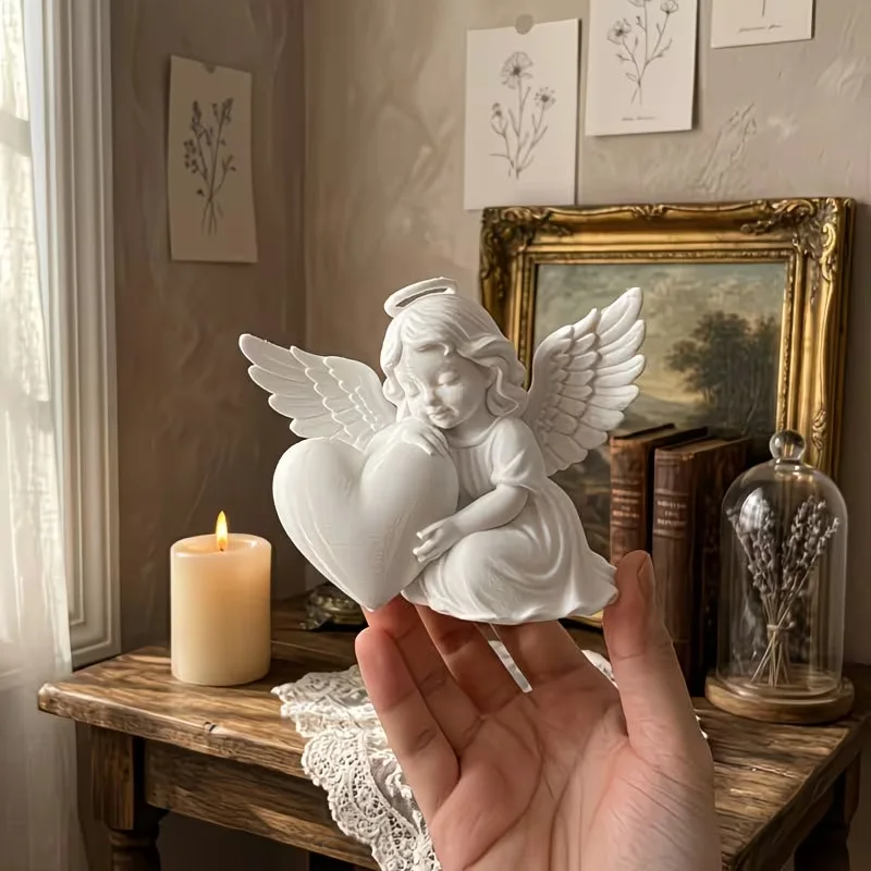 3D Printed Cute Cherub Angel Figurine Holding Heart White Sculpture Halo Wing Design Desktop Ornament