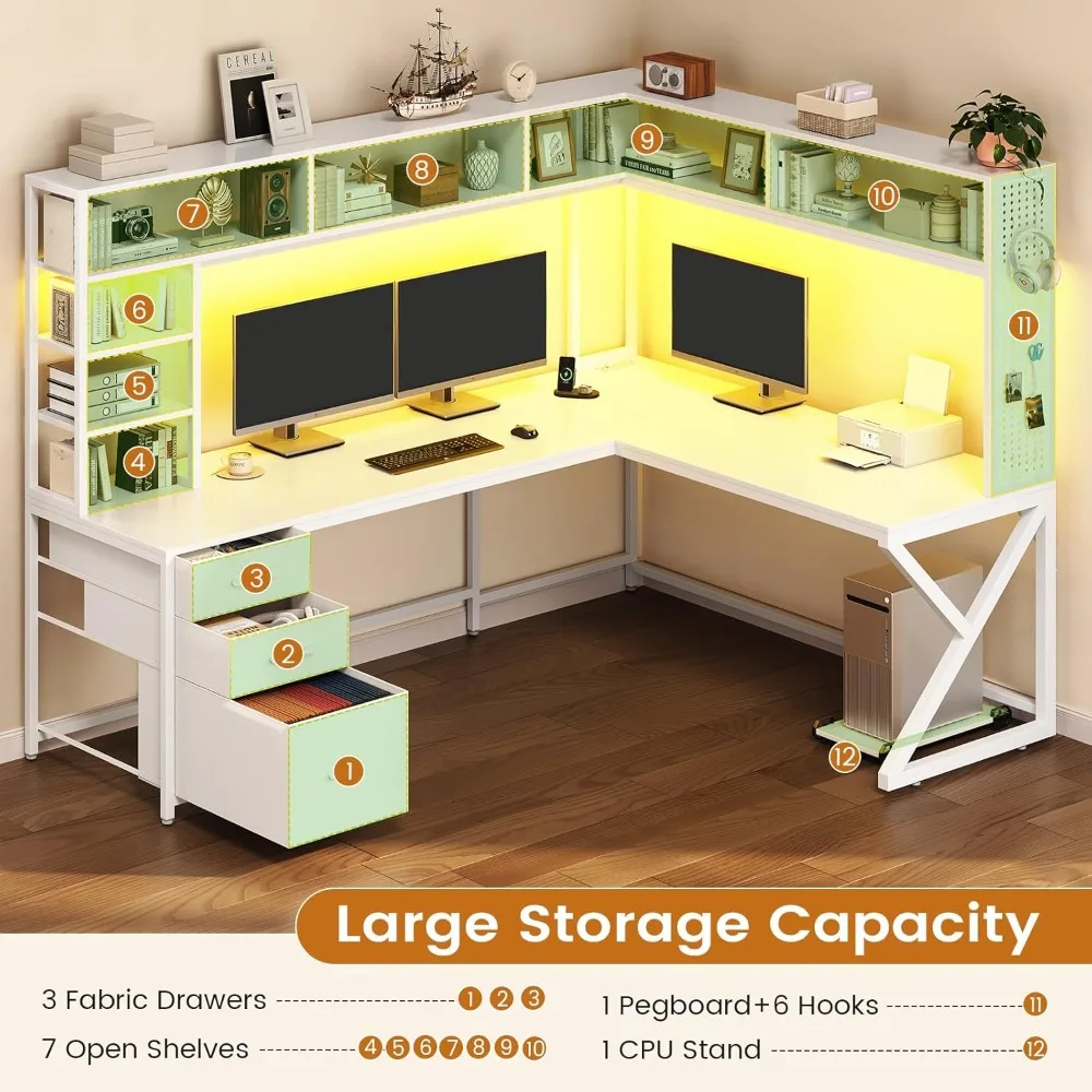 مكتب ألعاب على شكل حرف L مع مساحة تخزين وأدراج وخزانة ولوحة بيجبورد - مكتب كمبيوتر زاوية قابلة للتحويل 94.5 #5