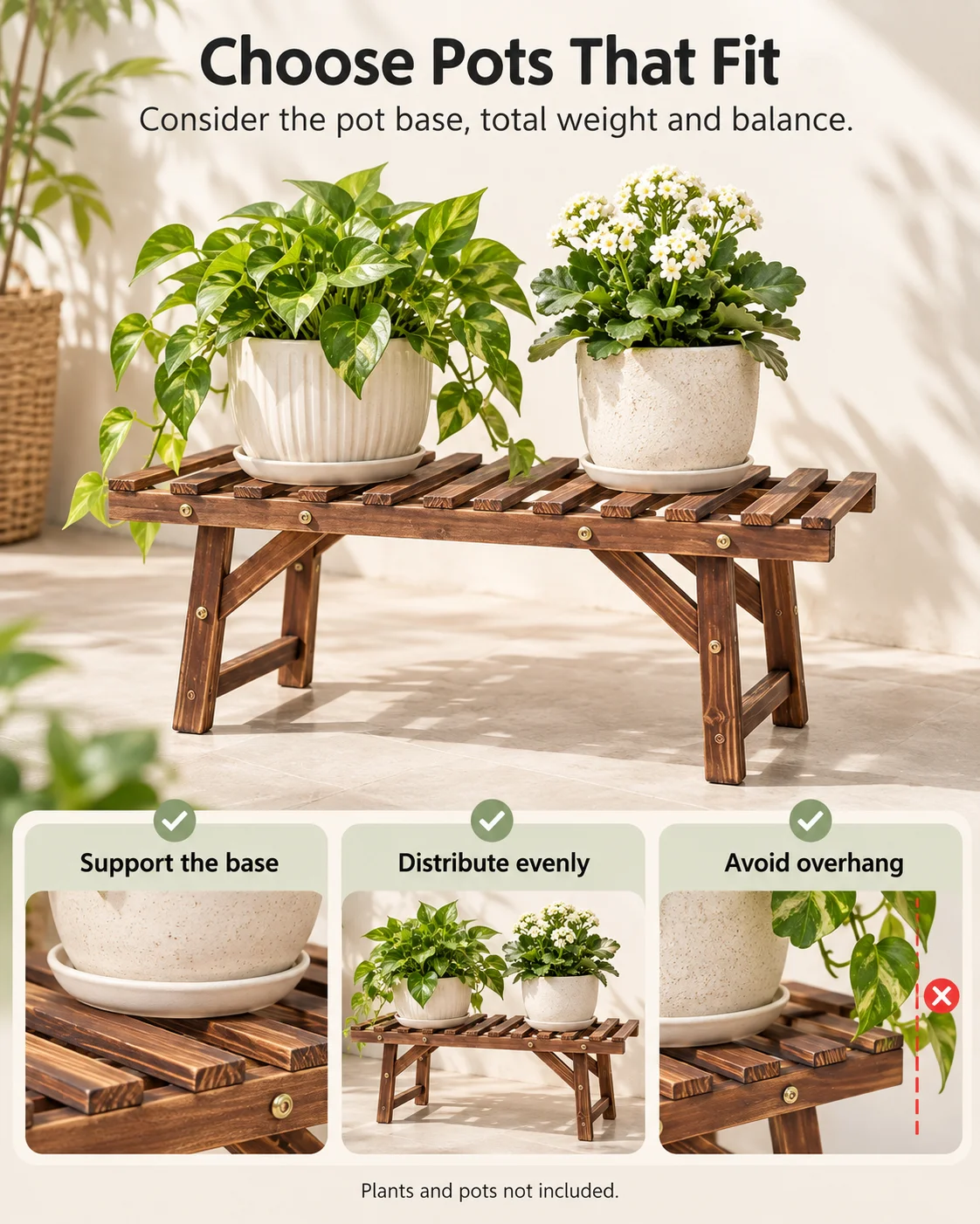 3 Pack Wooden Plant Stands Pine Wood Plant Shelf Set 70cm Wide Freestanding Flower Pot Display for Living Room Balcony