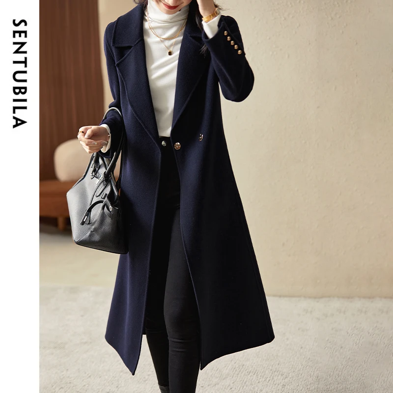 SENTUBILA 100% Wool Long Coat Women 2024 Warm Solid Office Lady Elegant Fashion Vintage Overcoats Female Outerwears W24O42058