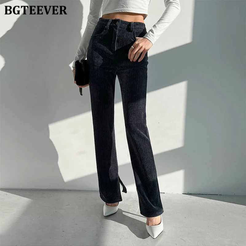 BGTEEVER Stylish Flare Corduroy Trousers for Women Autumn Fashion High Waist Pockets Female Long Pants