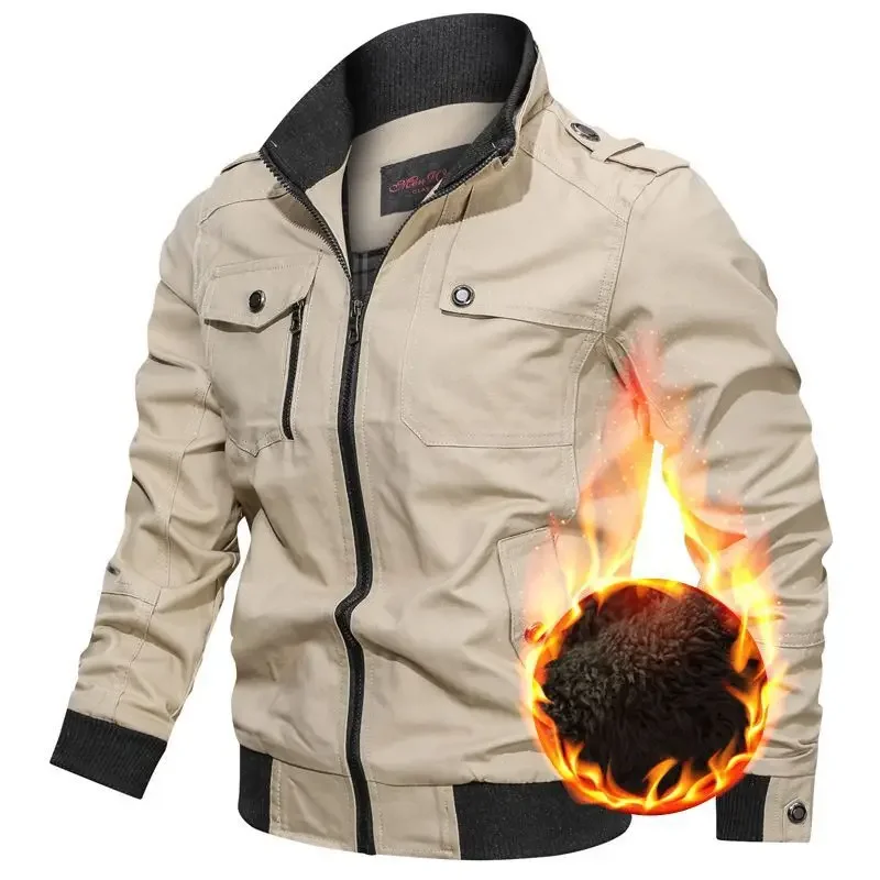 Male Winter Fleece Warm Casual Coats Men Stand-up Collar Bomber Jackets Tooling Jackets Multi-pockets Cargo Coats Chaquetas 5XL