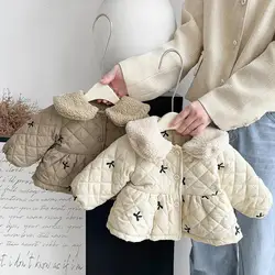 2025 Winter New Baby Girls Fleece Warm Coat Infant Padded Jacket Plus Velvet Thick Toddler Bow Embroidery Lapel Cardigan Jacket