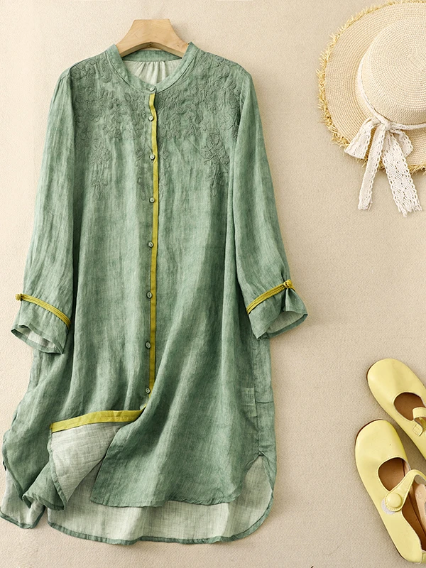 

Retro Embroidered Stand Collar Loose Dress Shirt Spring Summer Vintage Style Women's Casual Fashion Mid-Length Lantern Sleeve