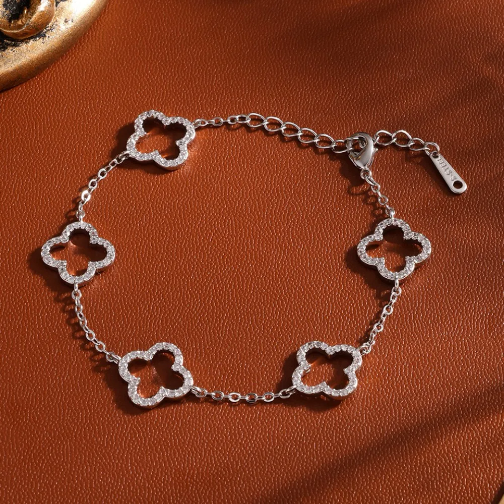Elegant Female Stainless Steel Bracelet With Zircon Four-Leaf Clover Design Hollow Detail Fashion Accessory For Small Waist image 6
