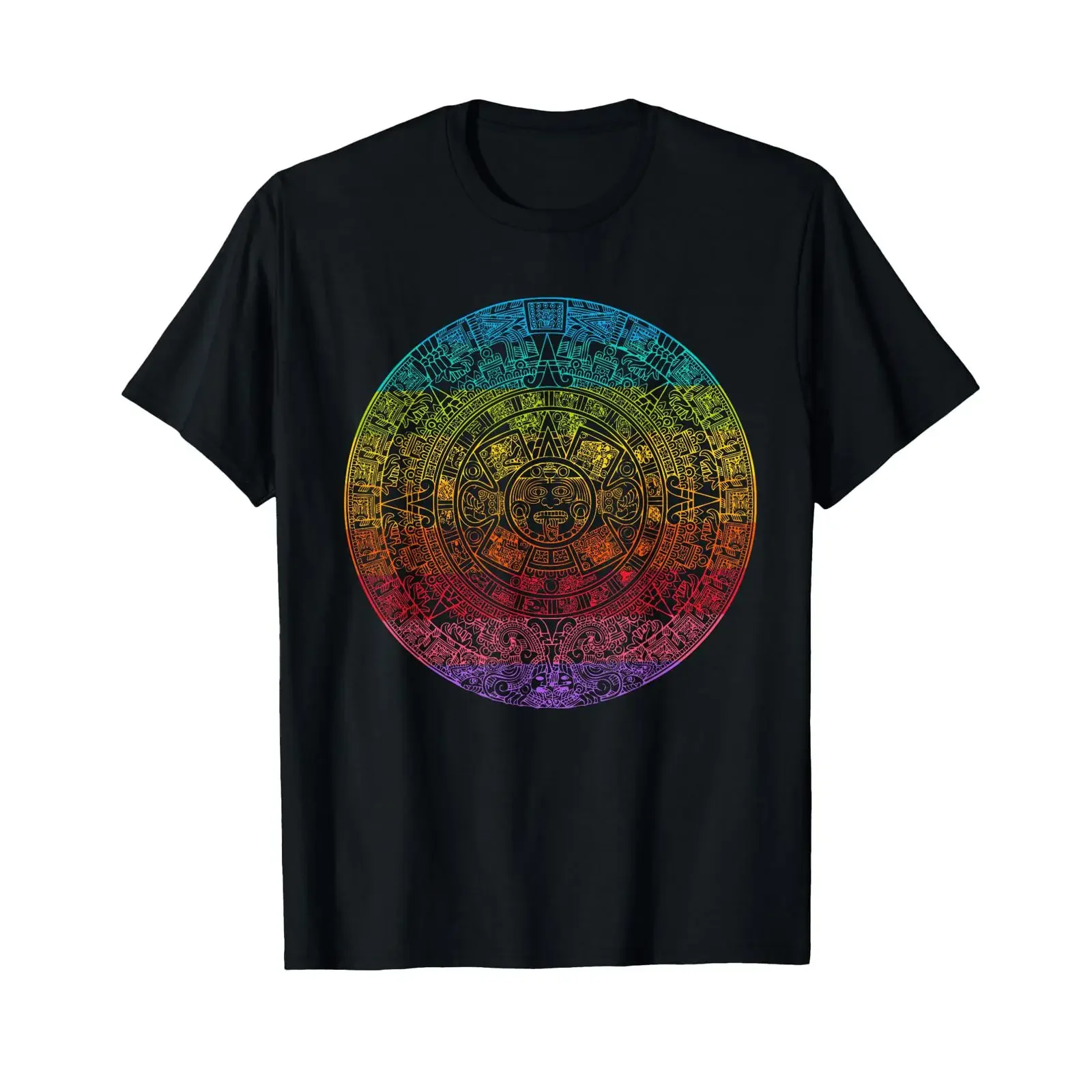 Aztec Sun Calendar Mexican Rainbow T Shirt vintage Washed Soft streetwear Top For Everyday Wear Slightly fashion Unisex Casual