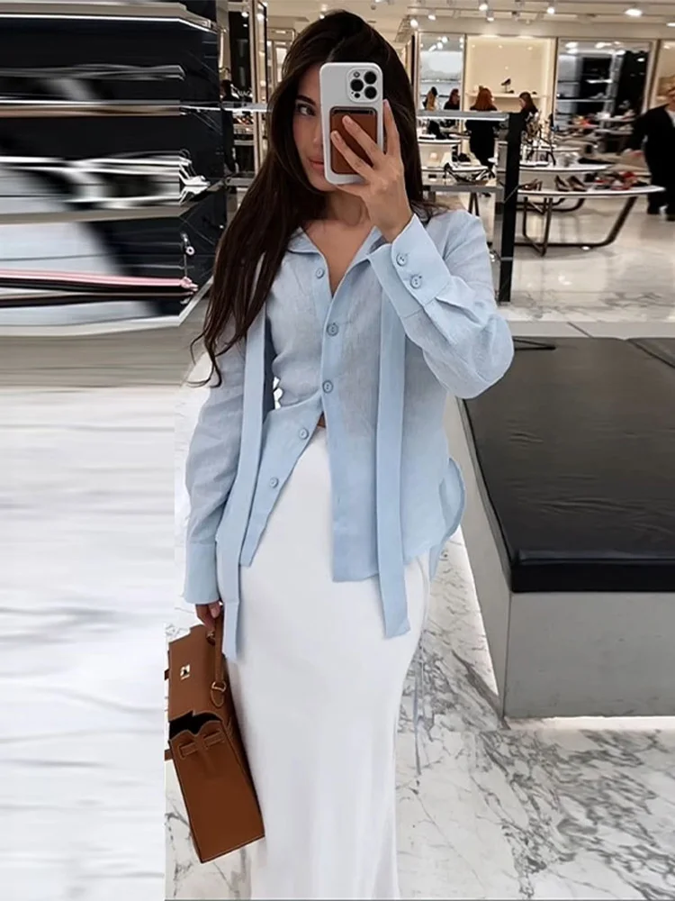 2025 outono senhora commute outwear elegante feminino bandagem camisa azul manga longa rendas até único breasted blusas finas femininas