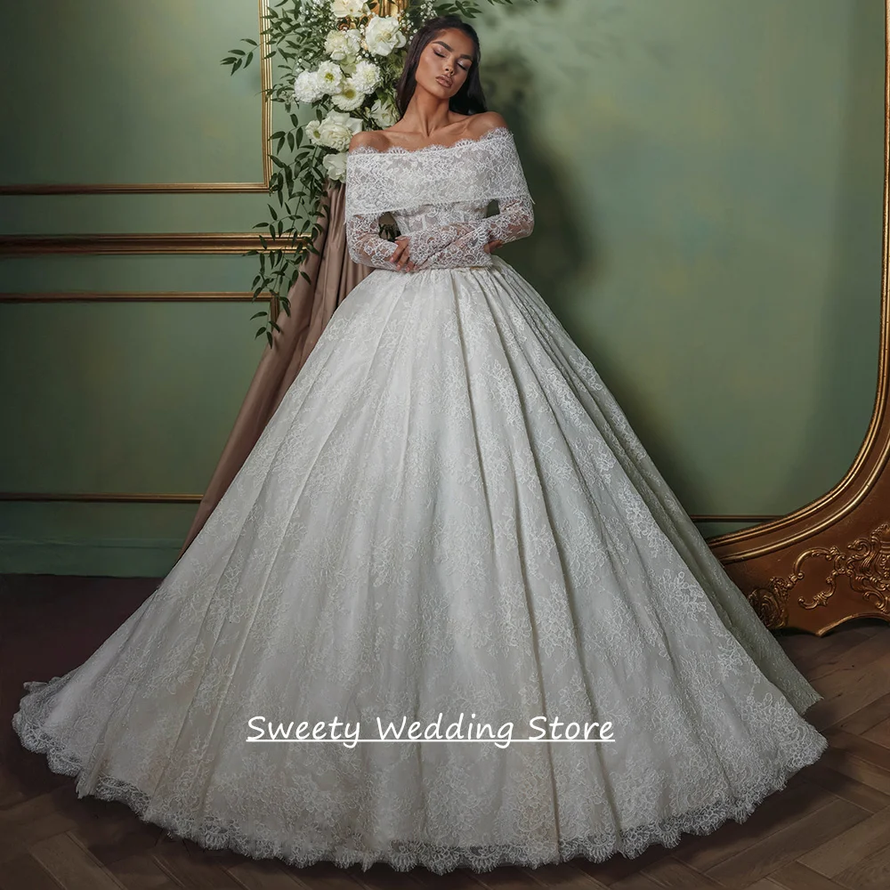 

Exquisite Lace Wedding Dress Customized Off The Shoulder Long Sleeves See Through Sweep Train Ball Gown Bride Dresses