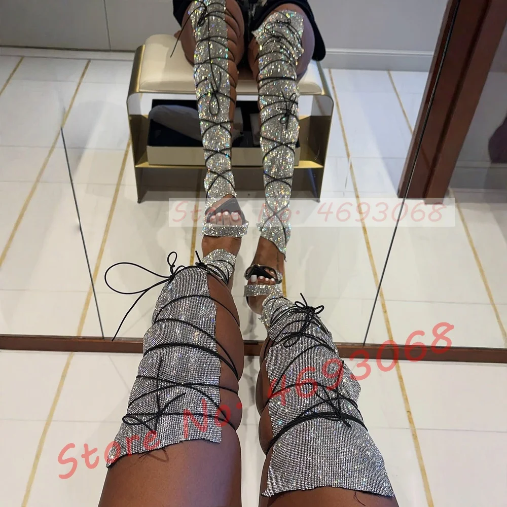 Crystal Draped Cross Tied Long Sandals Women Luxury Pointy Toe Shimmer Leggy High Heels Ladies Sexy Colored Puttee Tall Sandals