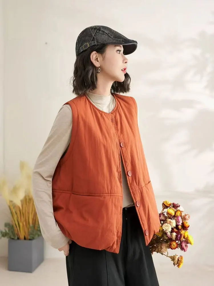 Winter New round Ne Svel Cotton Filled Warm Vest Women's Open Cardigan Top Thiened Commute Sle Pure Color