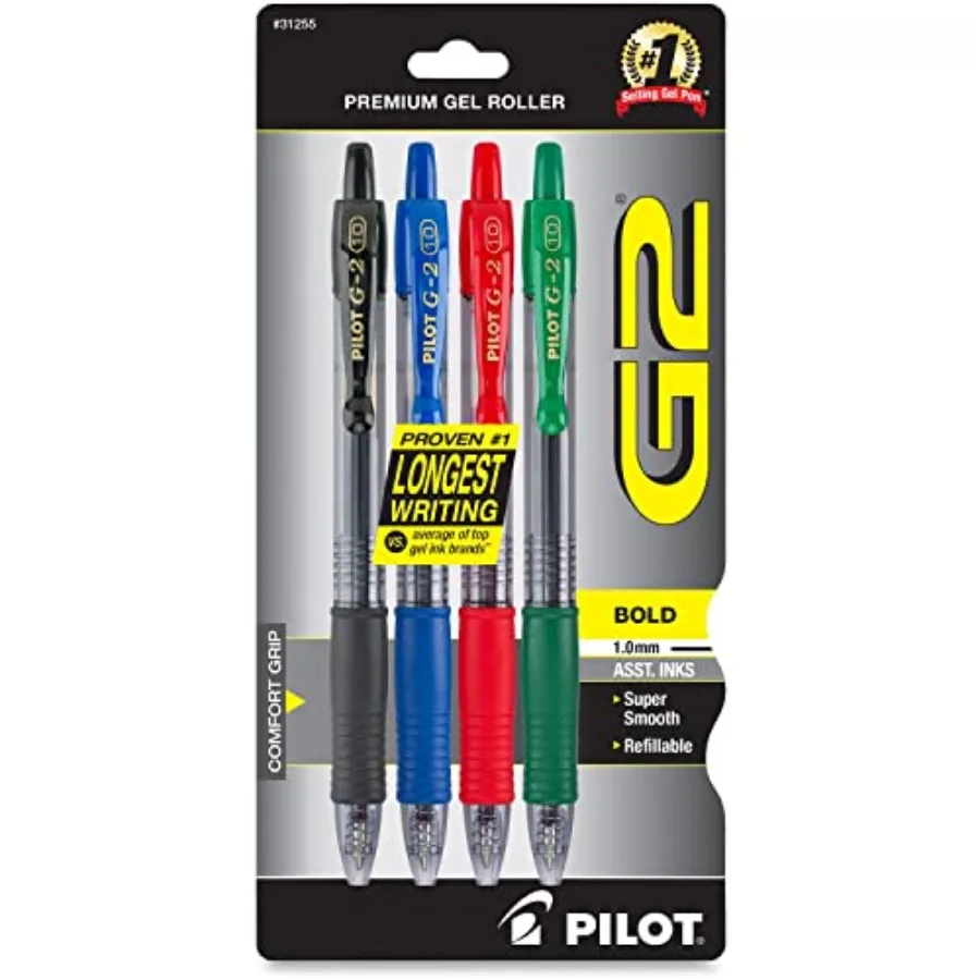 

G2 Premium Refillable and Retractable Rolling Ball Gel Pens, Bold Point, Assorted Color Inks, 4-Pack 31255