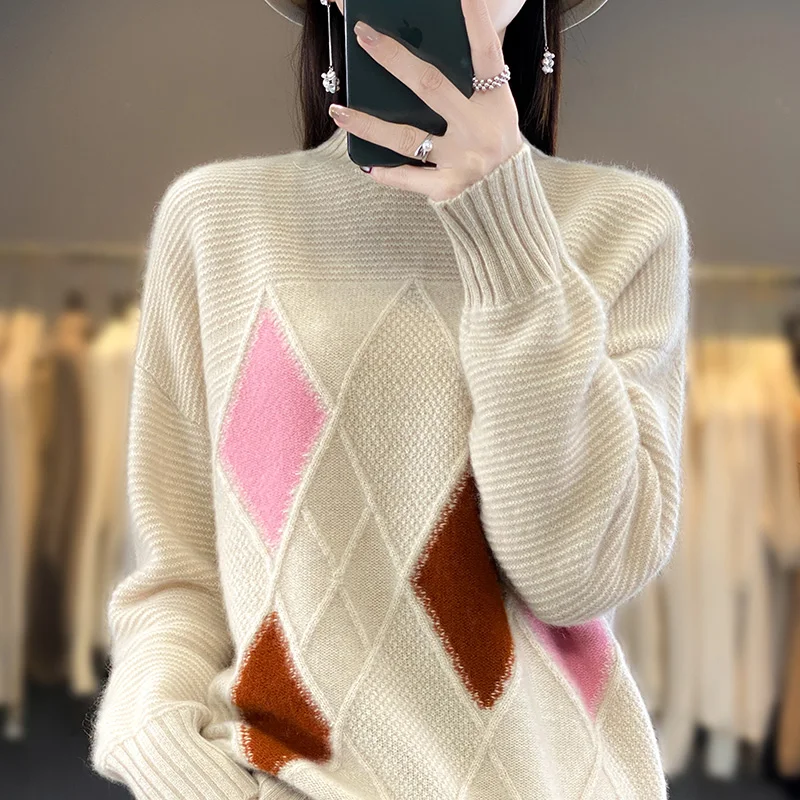 Pullover, cashmere sweater, women\'s loose knit, simple 100% wool, women\'s half high collar, new product, full sleeve sweater,