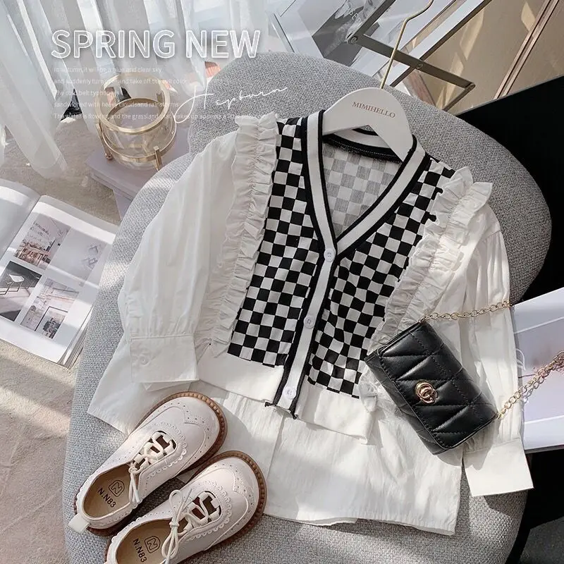 Girl's Spring and Summer Outfit, Thin Children's Vacation, Two Pieces of French Checkerboard Shirt Personalized Outerwear