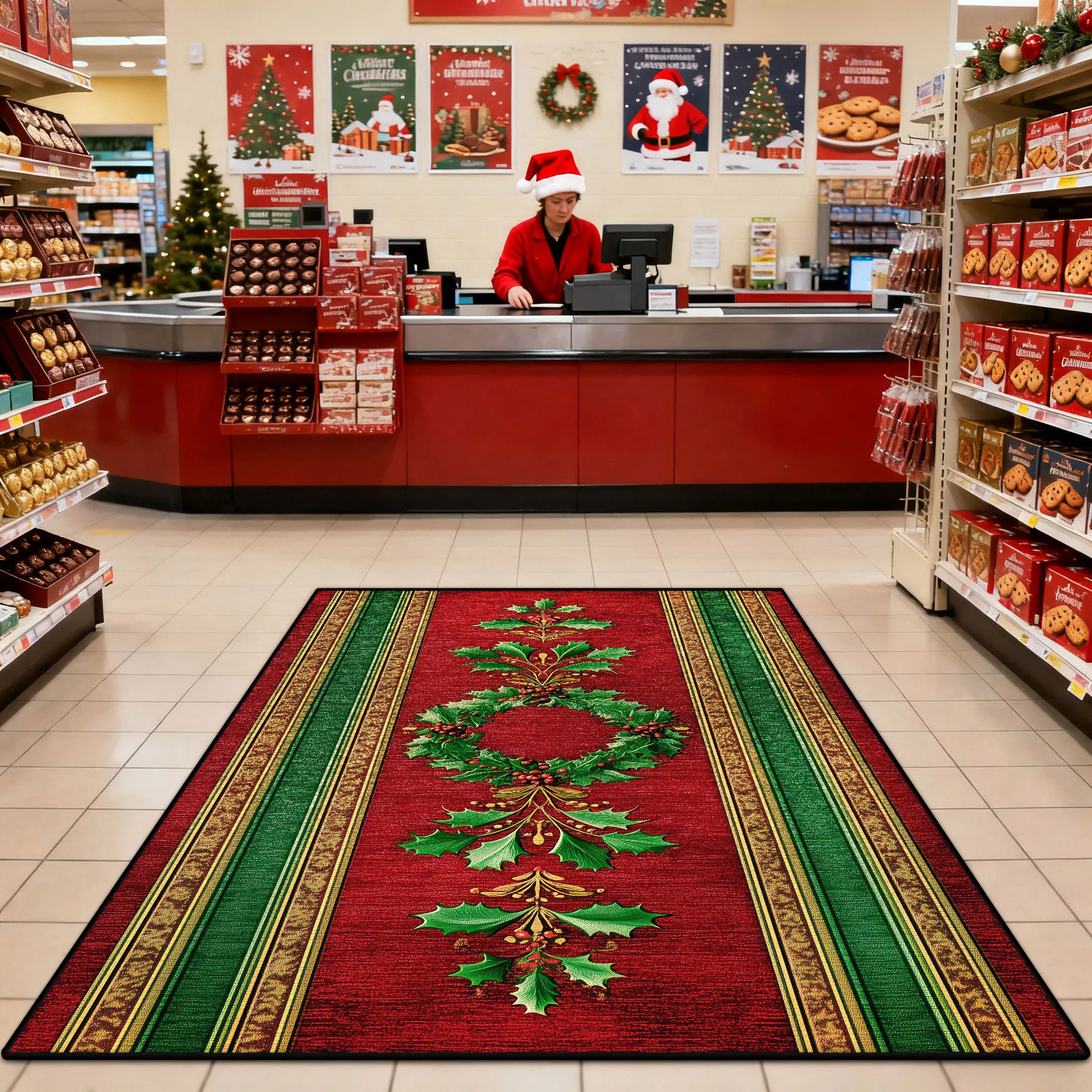 

American Christmas Red Garland Non-slip Store Carpet Decoration Bedroom Living Room Fluffy Rug Large Area Easy Clean Floor Mats