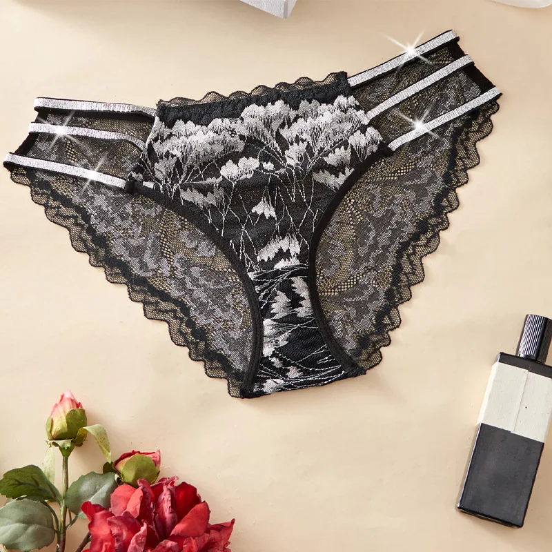 Lace printed panties; hot silver fine belt mesh see-through sexy delicate ladies' panties.