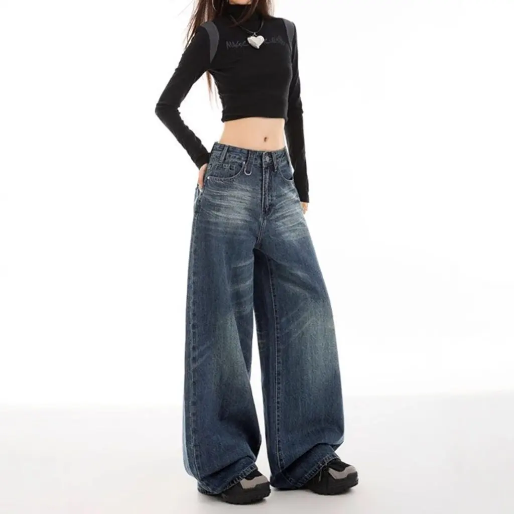 

Retro Joker Design Wide Leg Women's Denim Trousers Straight Tube Drape Fit 47-in Stock YT237#