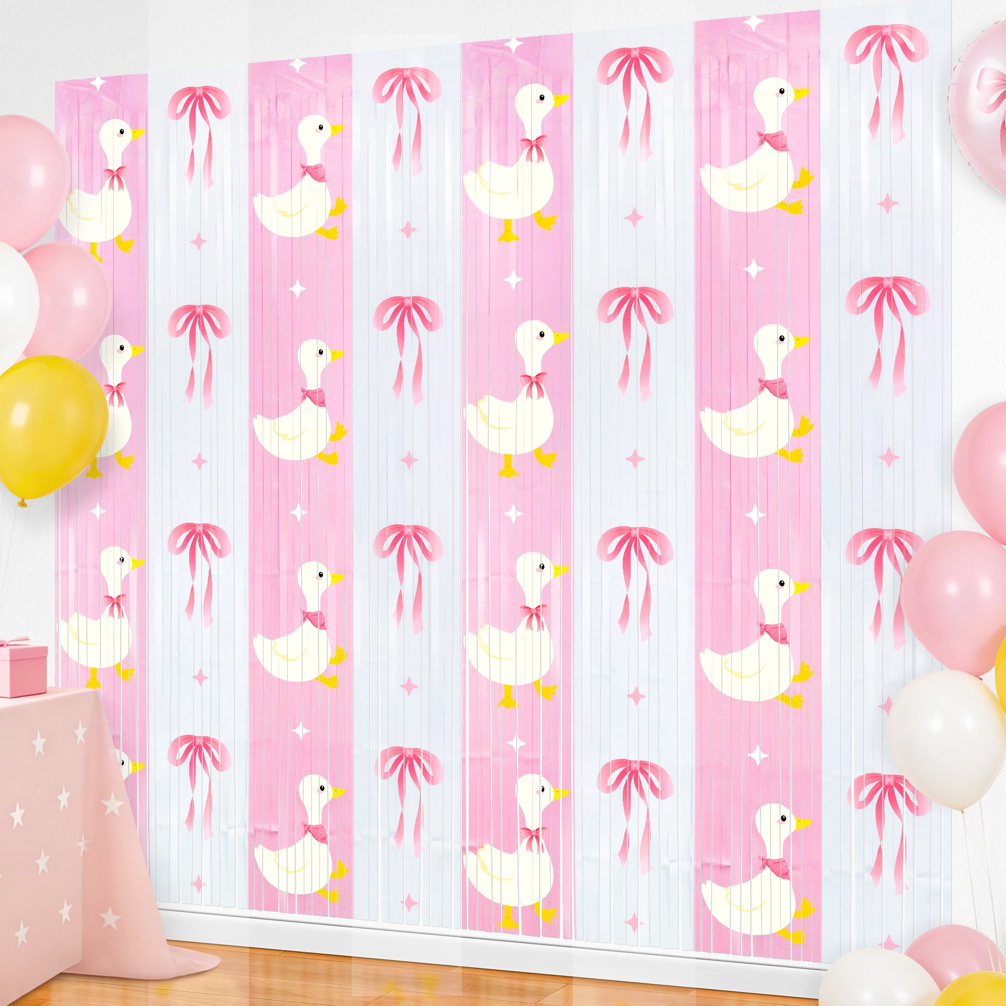 Paquete de 2 Telones de Fondo de Espumillón Rosa, Decoraciones de Cumpleaños de Ganso Loco para Niña o Niño, Serpentinas Metálicas para Puerta, Artículos para Fiestas