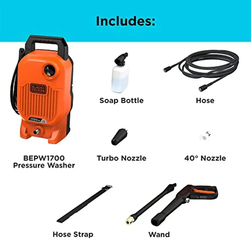 High Pressure Electric Washer 1700 PSI 1.2 GPM Soap Bottle Included Easy Mobility 35ft Power Cord 25ft Hose Outdoor Cleaning