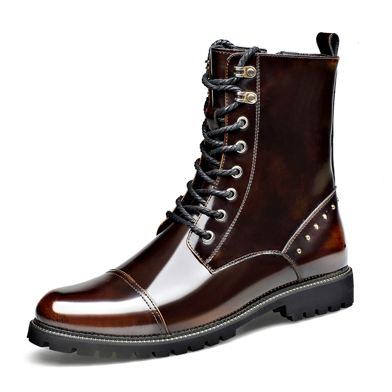 Botas Martin de couro genuíno masculino, topo alto, macio, mais, velo, brilhante, aumento de altura, zíper lateral, meio