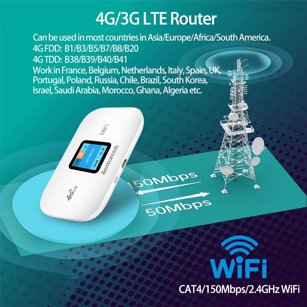 벤톤 4G LTE 휴대용 와이파이 라우터, C타입 네트워크 나노 카드, 무제한 무선 WPS 동글, Mifi 라우터, 잠금 해제 핫스팟, 150Mbps