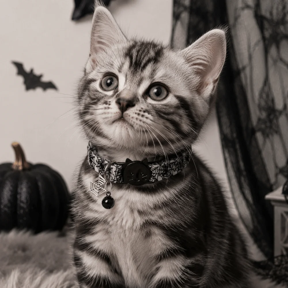 Polyester Halloween Cat Collar Decorative Charm Festive Design Pet Safety Buckle Collar Skull Spiderweb Design